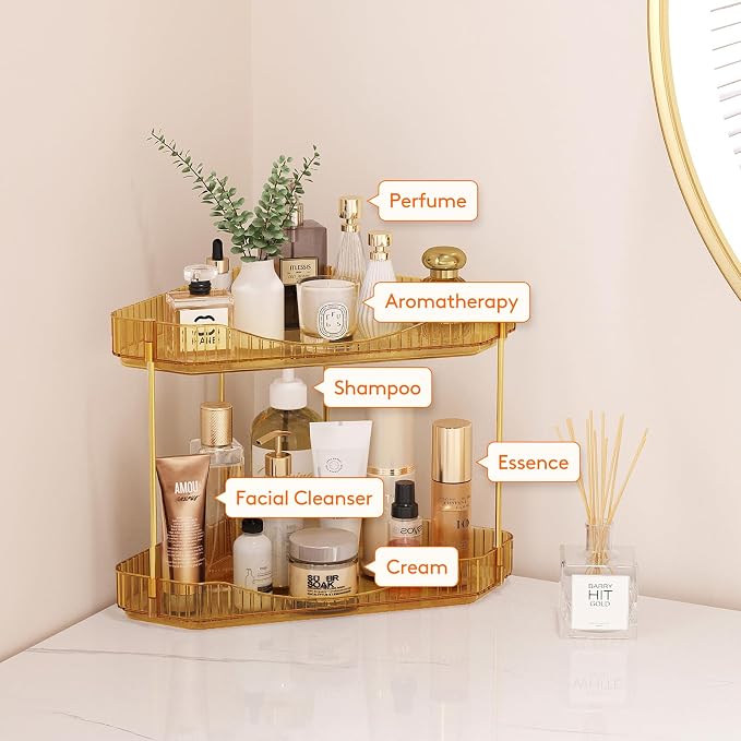 Lifewit 2-Tier Corner Bathroom Counter Organizer, Plastic Makeup Skincare Organizers Storage Countertop, Large Sink Cosmetic Perfume Shelf for Bedroom, Dresser, Kitchen, Vanity, Gold, 25 cm/10inch(H)