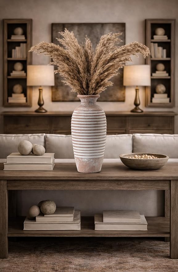 Emotionally Grounded Vase, Vaseking Large Ceramic Rustic Vase, 14.4 inch Minimalist Threaded Decorative Farmhouse Tall Vases for Home Decor, Living Room, Enterway, Table Decoration, Khaki