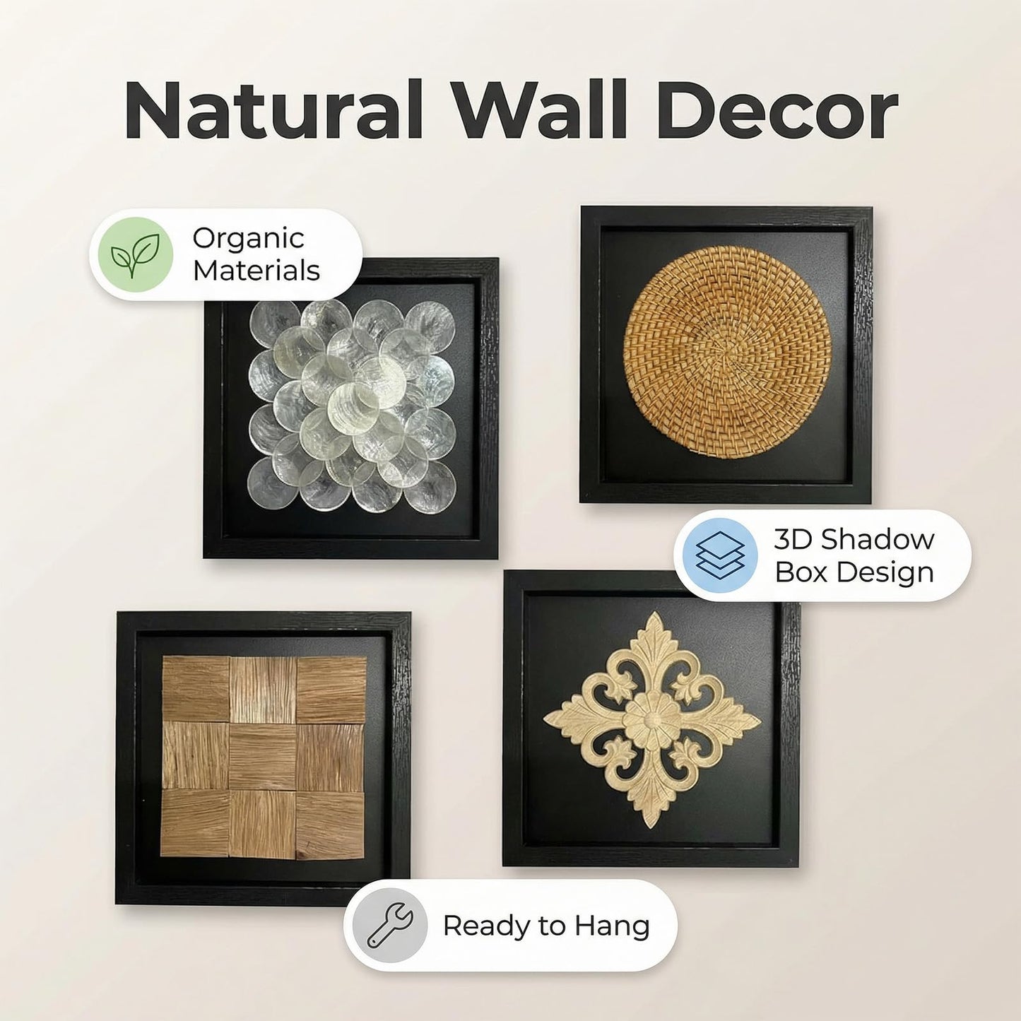 DREMECH Handmade 4-Piece Wall Art Set - Natural Shell/Rattan/Wood/Carved Decor with Black Frame | Unique Boho/Modern Home Decor for Living Room, Bedroom | One-of-a-Kind Artisan Wall Hangings