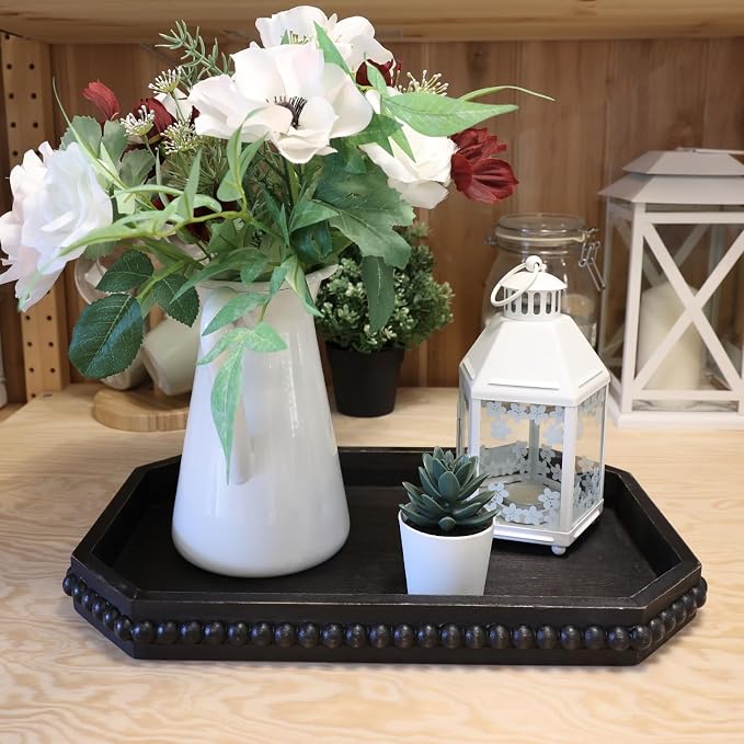 Hrastany Wood Rustic Serving Tray with Beads, Farmhouse Vintage Black Decorative Tray for Table Centerpiece, Christmas Wedding Halloween Home Decor