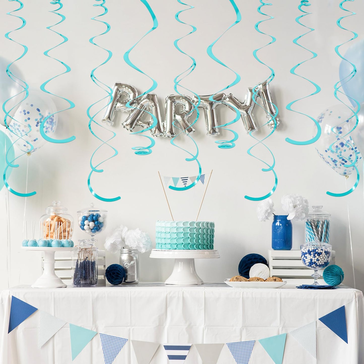 24 PCS Teal Hanging Swirl, Sparkle Ceiling Hanging Decorations, Plastic Streamer Party Decorations with Double-Swirls and Single-Swirls for Birthday Decorations, Graduation, Easter, Baby Shower