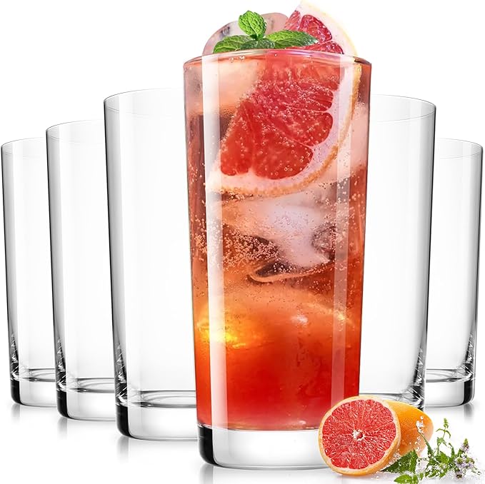 LUNA & MANTHA Drinking Water Glasses Set, Lead-Free Crystal Highball Glass, Tall Glass Cups for Cocktail Parties,Clear set of 6,16oz