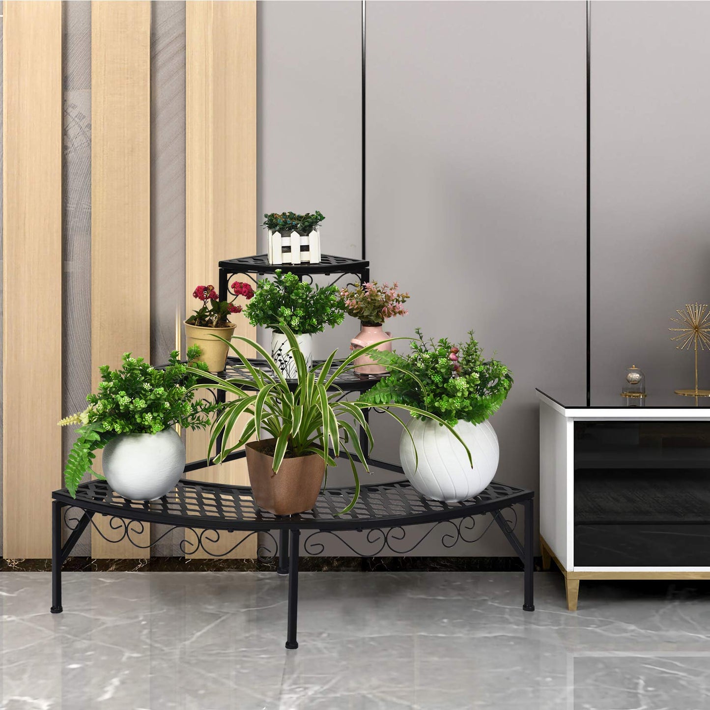 Giantex 3 Tier Metal Corner Plant Stand, Quarter Round Plant Corner Shelf w/ Non-Slip Pads, Corner Plant Stand Corner Shelf Flower Pot Ladder Plant Display Rack Indoor Outdoor (Quarter Round)