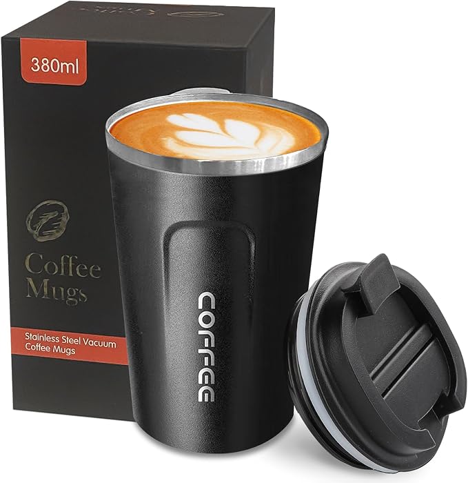 YINBAOGE Insulated Travel Coffee Mug, Spill & Leak Proof, Portable To Go Camping Stainless Steel Coffee Tumbler, Reusable Thermal Coffee Cup with Lid for Hot & Cold Drinks (2nd-Black, 12 OZ)