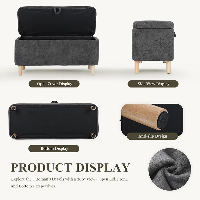 COLAMY Ottoman with Storage, Storage Ottoman Bench, End of Bed Storage Bench, Square Ottoman Foot Rest, Entryway Bench with Seating and Wood Legs for Living Room, Bedroom, Dark Grey