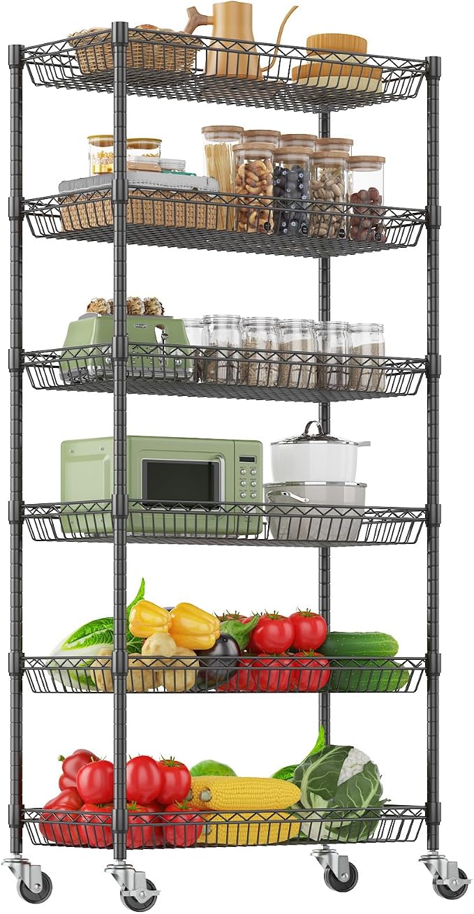 Himimi 6 Tier Rolling Storage Cart, Metal Wire Basket Rack with Wheels, Adjustable Storage Shelves Organizer Shelf for Kitchen Pantry Garage Laundry Room Bathroom, 30" W X 13.5" D X 63" H, Black