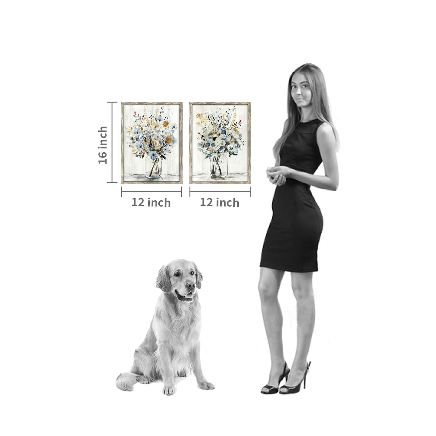 Floral Picture Wall Art Painting: Blossom Bouquet Flowers Prints on Rustic Wood and Handcrafted Wooden Framed Artwork for Home and Bedroom (12” x 16” x 2pcs)