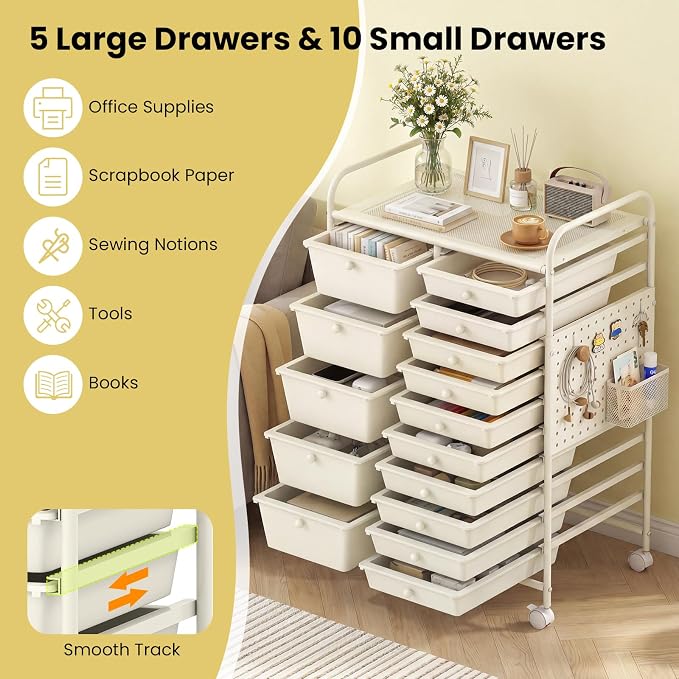 GOFLAME 15-Drawer Rolling Storage Cart with Pegboard, Craft Storage Cart with Lockable Wheels and Metal Frame, Art Cart Supply Storage Organizer for Home Office Classroom, White