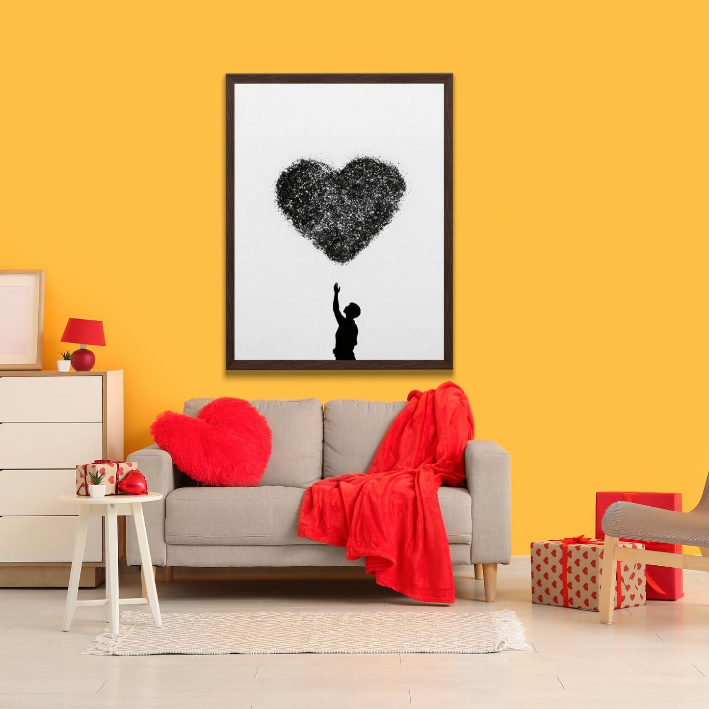 Lawrence Williams Designs Heart Silhouette Poster - Romantic Wall Art - Figure Reaching Toward Abstract Particle Heart Design - Modern Love Decor for Bedroom, Living Room or Office - 8x10 Unframed Print