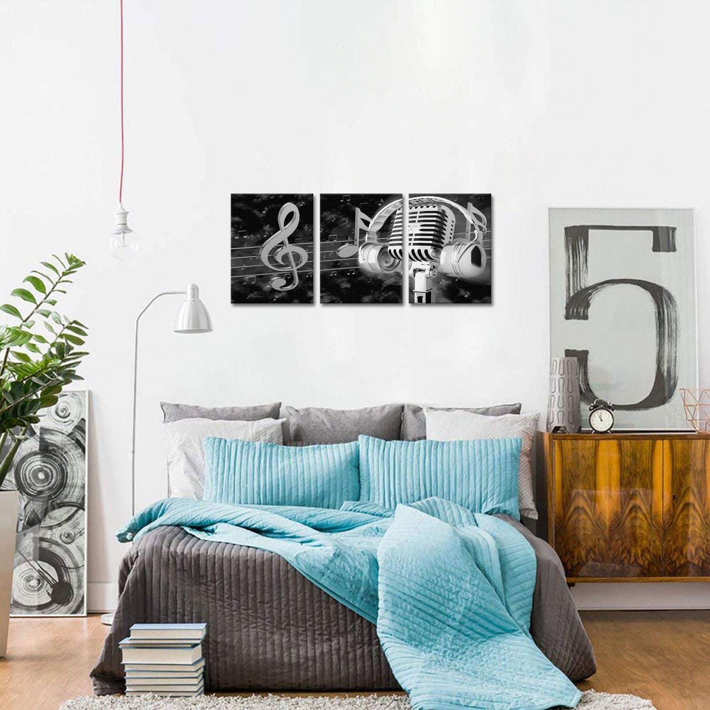 Biuteawal Music Artistic Paintings Wall Art Black White Microphone and Headset Note Picture Canvas Giclee Print Modern Home Studio Bedroom Decor Stretched and Framed Ready to Hang