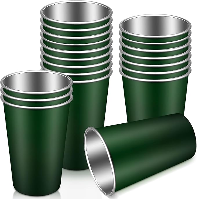 Mimorou 20 Pack 16 oz Stainless Steel Pint Cups Metal Cups Unbreakable Drinking Water Tumblers Stackable Tumbler for Adults Bar Home Restaurant Travel Picnic Camping Outdoor (Dark Green)