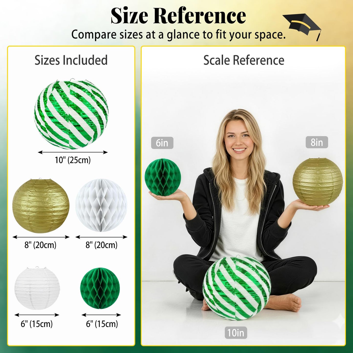 Green and Gold Party Decorations - 16Pcs Hanging Green White and Gold Paper Lanterns & Honeycomb Balls for Graduation Decorations 2026, Birthday, Baby Shower & Wedding Party Supplies