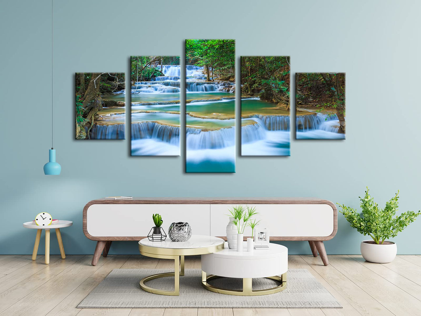 Wieco Art Peaceful Waterfall 5 Panels Large Canvas Paintings Wall Art Modern Gallery Wrapped Landscape Forest Giclee Canvas Print Artwork Photo Pictures for Living Room Bedroom Home Decorations L