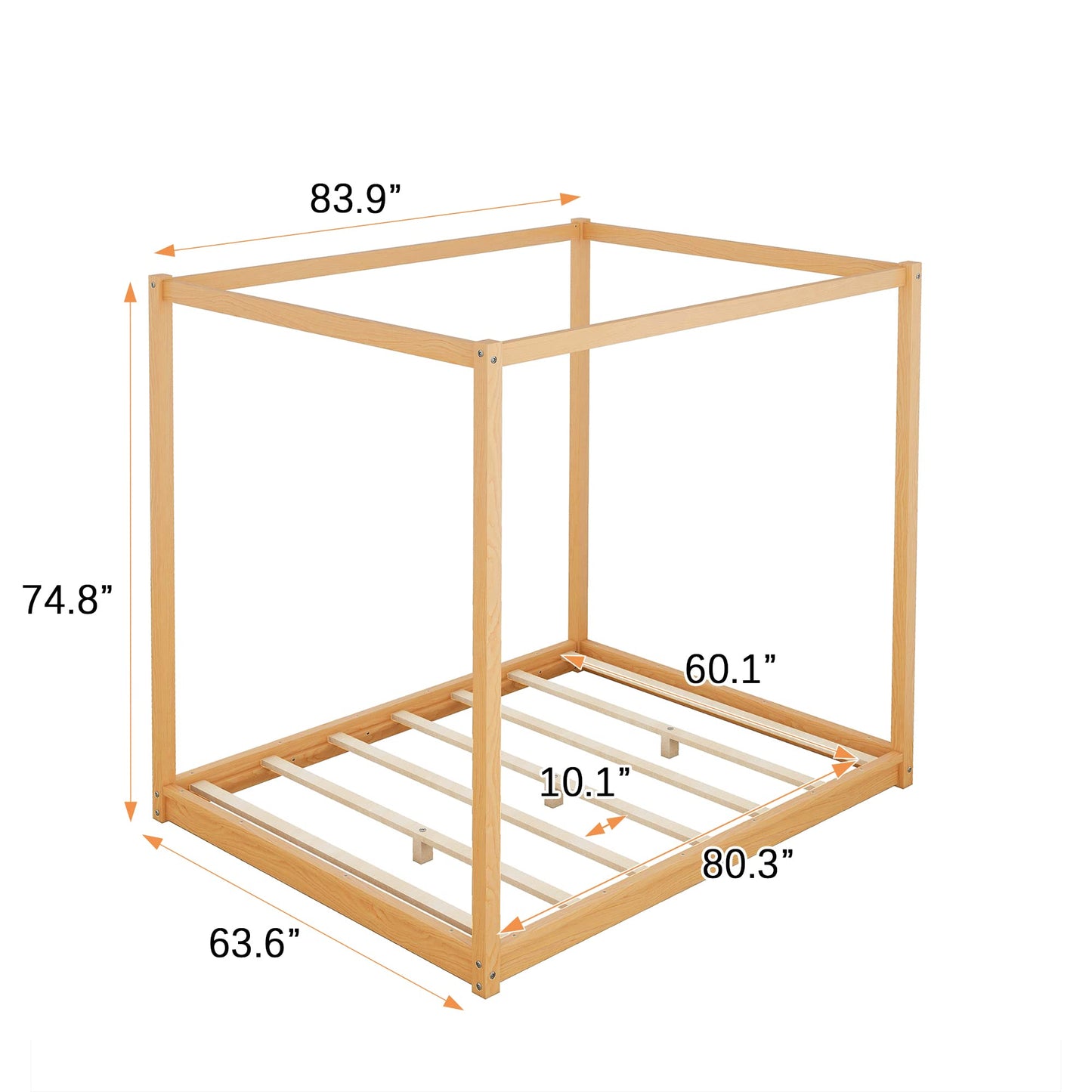 Queen Bed Frame with Canopy Legs, Wood Platform, Wooden Slats Support, No Box Spring Needed