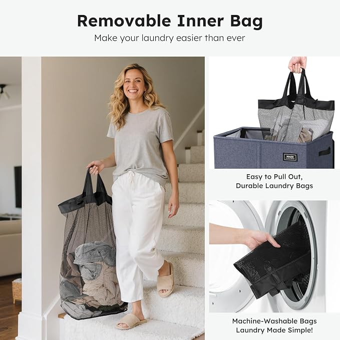 SOLEDI Double Laundry Hamper with Lid, 47.8 Gal (180L) Large Laundr Basket 2 Section with 2 Side Pockets, Dirty Clothes Hamper with Removable Bag, Easy to Carry for Laundry Room, Bedroom, Navy Blue