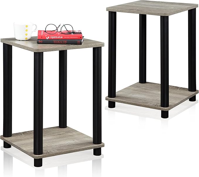 Furinno Turn-N-Tube Toolless Assembly Side Table Set of 2, Stackable 2-Tier Grey End Table with Open Shelf, Night Stand, Bedside Table, for Living Room, Bedroom, Grey Oak
