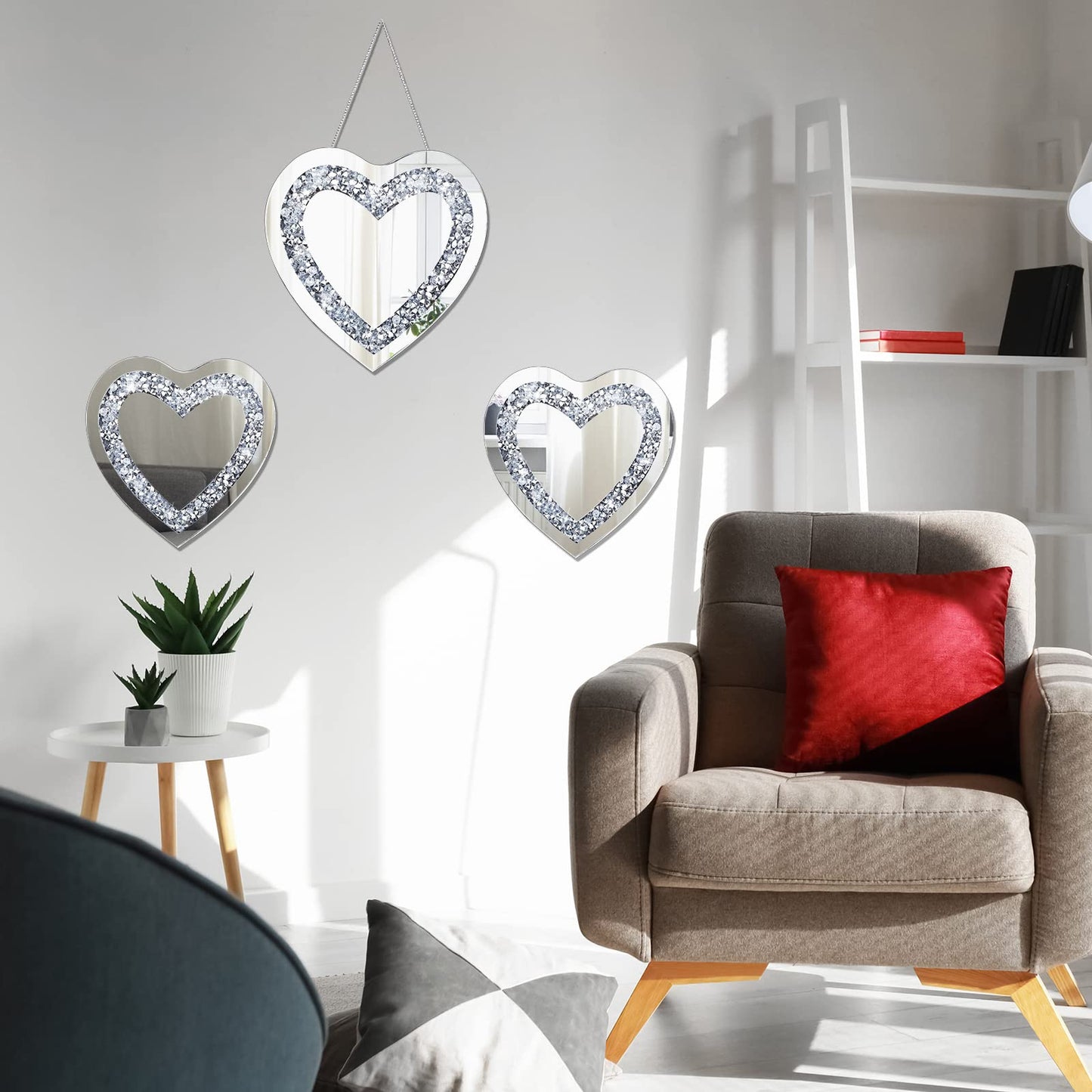 Qunclay 3 Pcs Crystal Crush Diamond Silver Mirror, 12 and 8 Inches Modern Shaped Wall Hang Decorations Glass Diamond Mirror for Bathroom Living Room (Heart Shape)