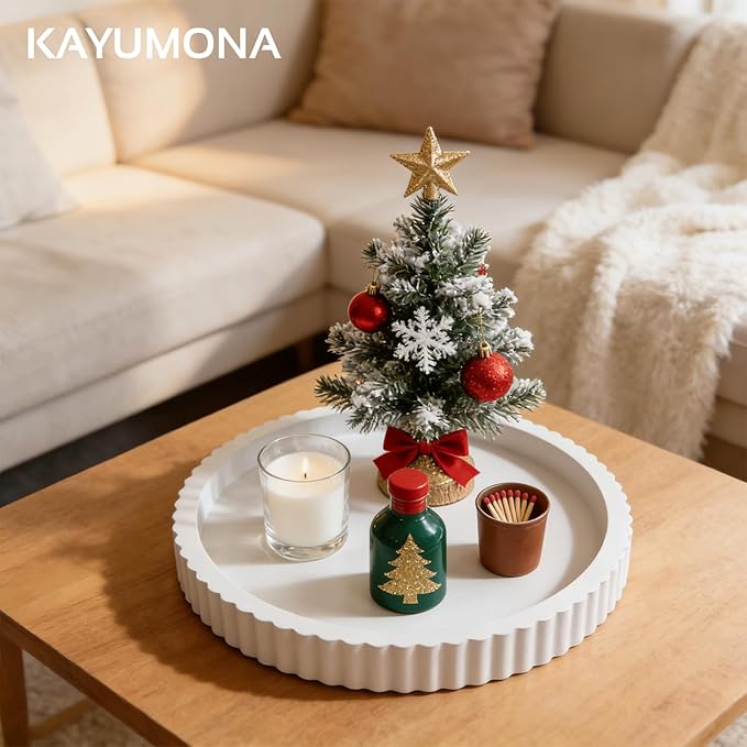 Modern Decorative Tray for Coffee Table, 11" Wooden White Round Small Decor Tray for Candle, Perfume, Vanity, Kitchen Island Counter & Table Centerpiece