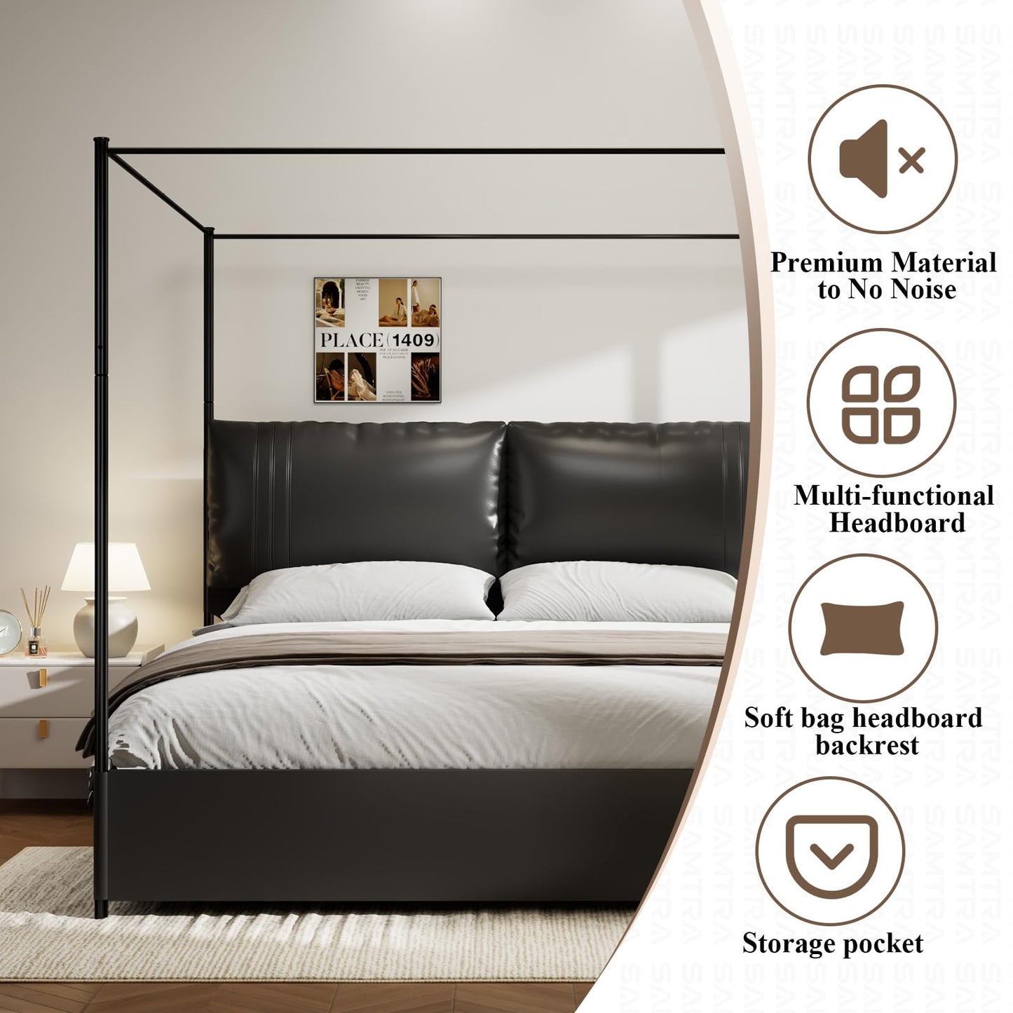 SAMTRA Modern Canopy Bed Frame with Upholstered Faux Leather Headboard – Tall Four Poster Metal Platform Bed, No Box Spring Needed, King Size, Black