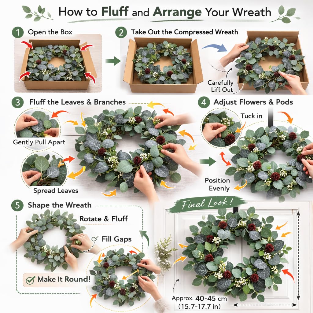 YUGALI 22" Spring Summer Wreath for Front Door Artificial Green Eucalyptus Yellow White Daisy Flower Lavender Sage Handmade Farmhouse Outdoor Indoor Wedding Home Decor