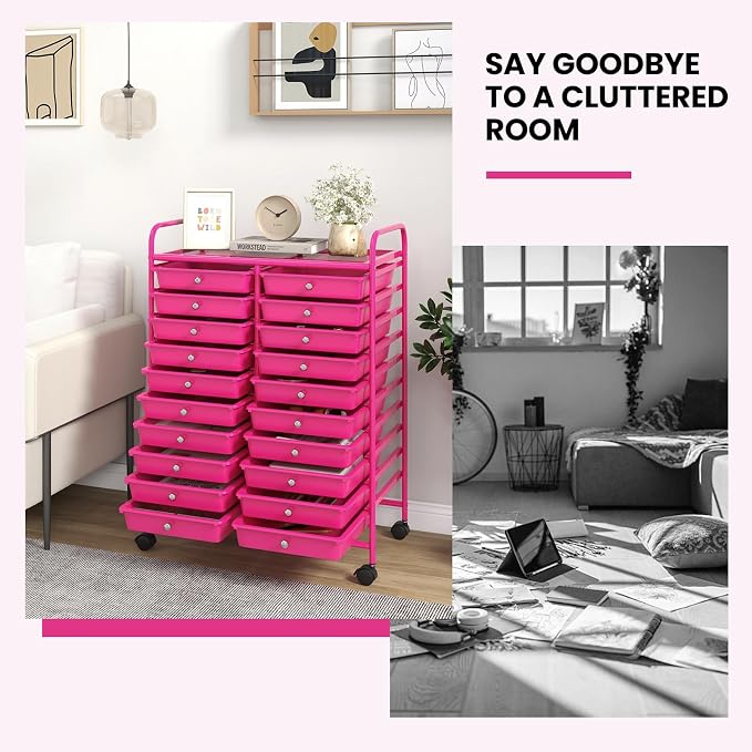 Giantex 20 Drawers Rolling Cart, Mobile Storage Drawer Cart, Classroom Organizer for Office School Supplies Teacher Tools Scrapbook Paper Craft Small Printer, Utility Stand on Wheels, Hot Pink