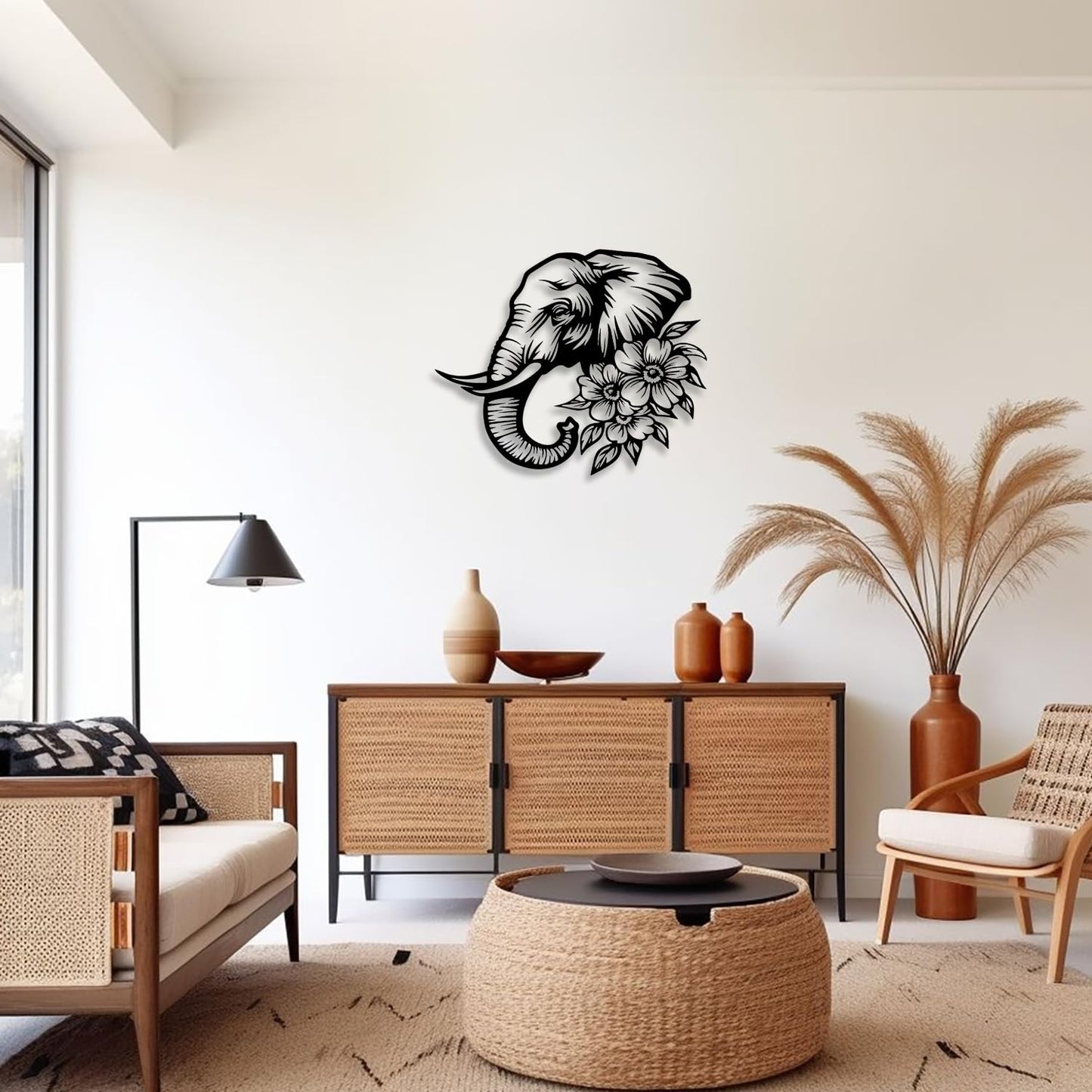 LIYOUYA Elephant Flower Metal Wall Decor - Rustic Farmhouse Room Decor Simple Black Wall Art Home Decor for Living Room, Bedroom, Dining Room, Garden, Courtyard (Black)