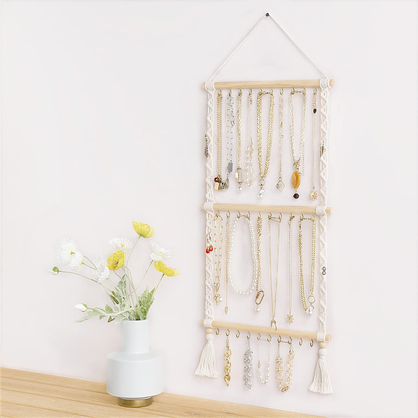 Dahey Necklace Holder jewelry Holder Organizer Over Door Necklace Rack with 30 Hooks Wall Mounted Macrame Wall Hanging Small Woven Tapestry Wall Art Decor Boho Home Decor Nursery, Party Decorations