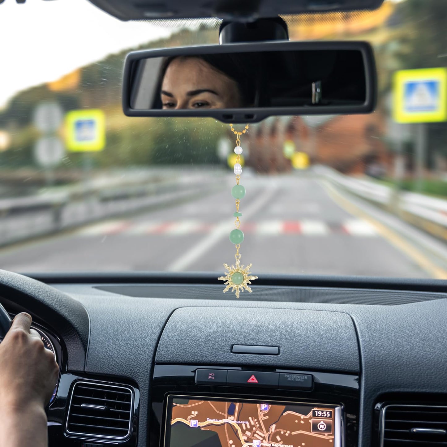 Thinp Sun Hanging Car Charm, Cars Rear View Mirror Accessories Cute Boho Sun Green Car Decor Dangling Handmade Crystals Stones Ornament for Women Men (Green)