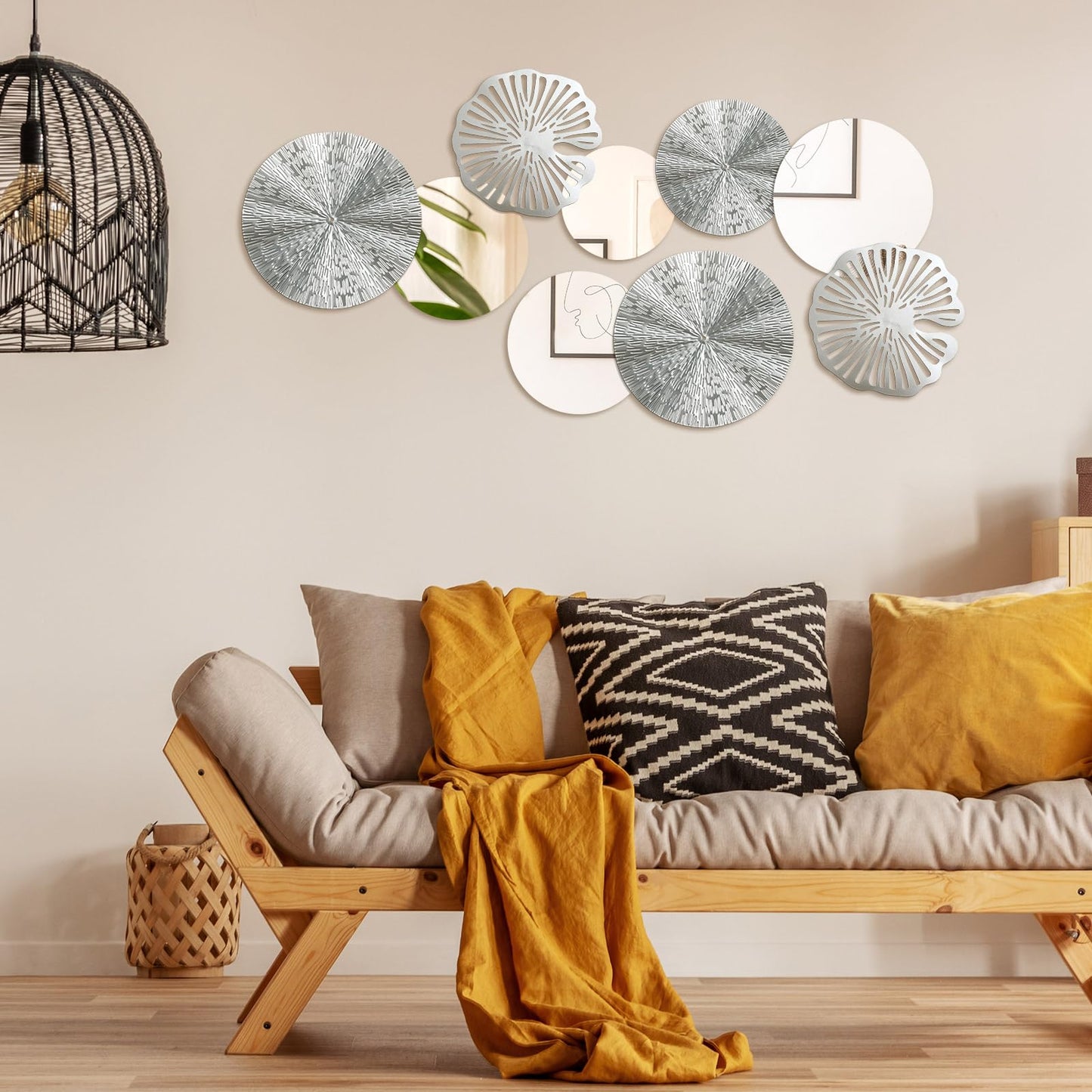 Hicarer 9 Pcs Circle Mirrors Metal Home Decor Wall Decorative Modern Round Accent Wall Art Sculpture Hanging Decorations for Living Room Office Bedroom Kitchen(Silver)
