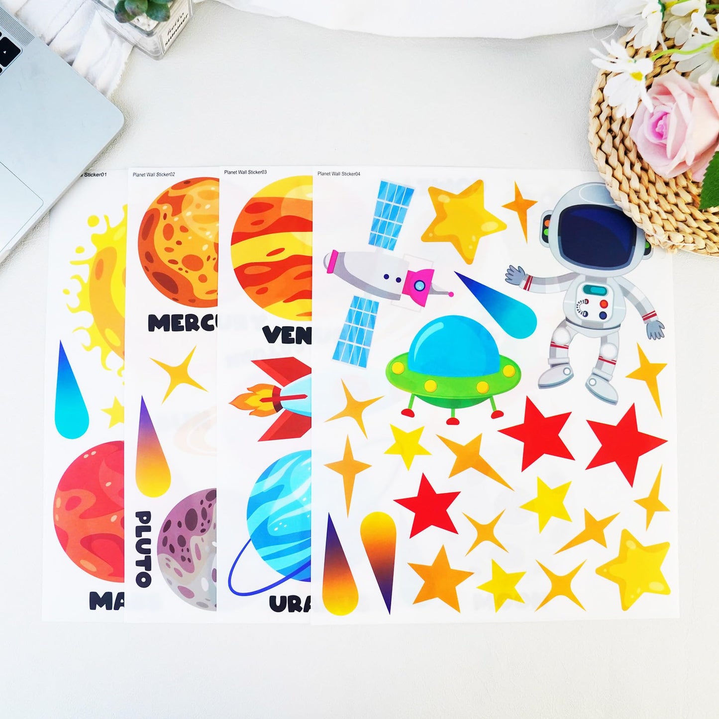 Outer Space Wall Decals - 4 Sheets 58 Pcs Large Space Planets Rocket Astronaut Wall Stickers Peel and Stick Removable Wall Decors for Kids Baby Bedroom Boys Room Nursery Playroom Classroom