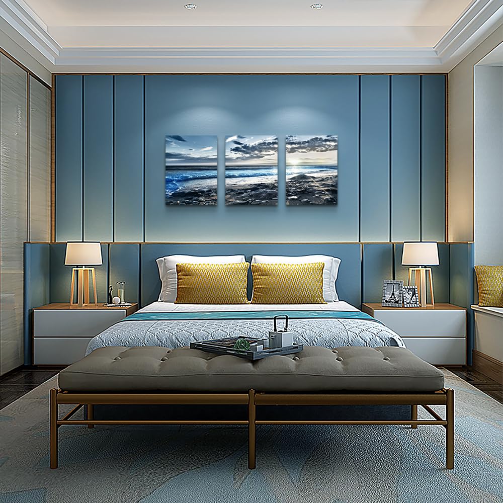 DZRWUBHS Canvas Wall Art - Modern Decor for Living Room, Office & Bedroom - 3 Piece Blue Beach Seascape Wall Prints