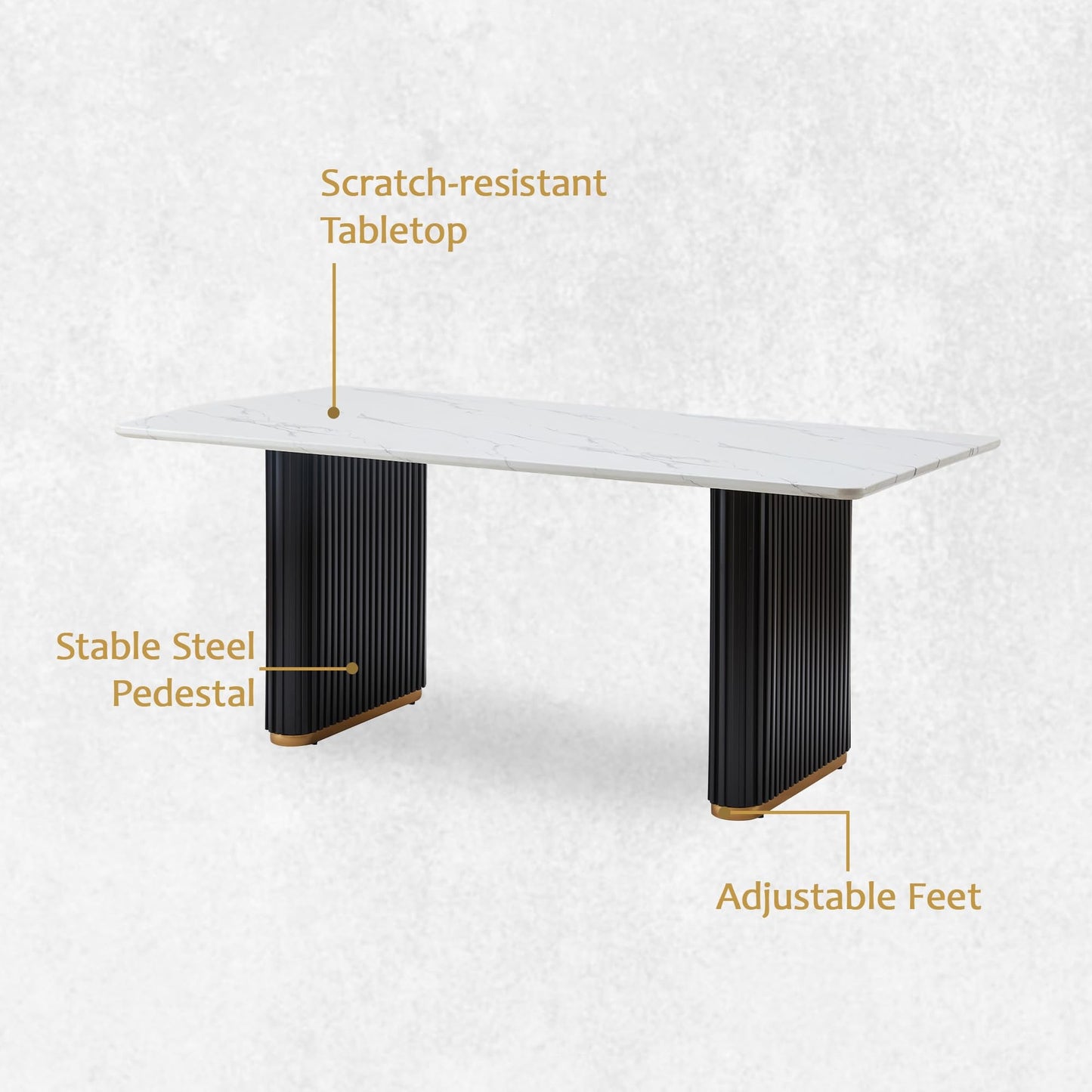 Morden Fort Marble Dining Table for 6, 70 Inch Modern Kitchen Table with Black Fluted Base and Gold Trim for Ktichen, Dining Room and Reception