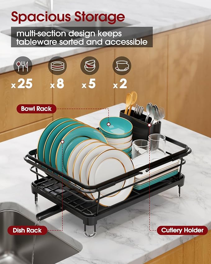 Sakugi Dish Drying Rack in Sink - Expandable Stainless Steel Dish Rack Over The Sink, Kitchen Sink Drain Strainer with Cutlery Holder & Cup Holders, 15.2 x 10.0 x 4.2 Inch, Black
