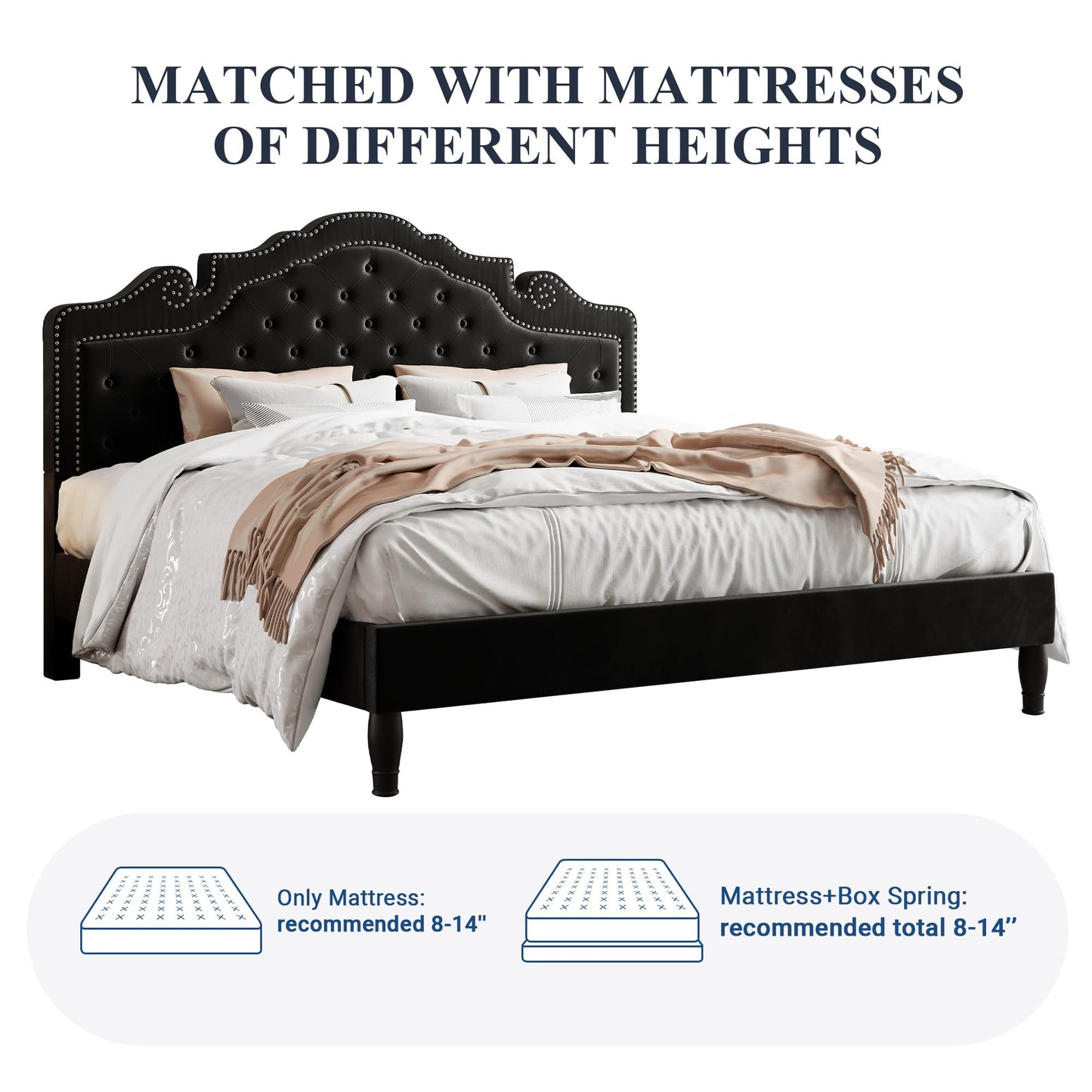 Allewie King Bed Frame with Adjustable Velvet Tiara Headboard, Upholstered Diamond Button Tufted Platform Bed, Wood Slats Support, No Box Spring Needed, Mattress Foundation, Easy Assembly, Black