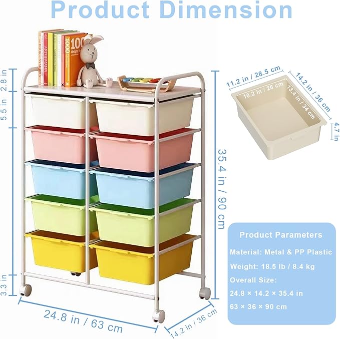 Ytaoka 10 Drawers Rolling Storage Cart, Plastic Drawer Cart with Metal Frame, Multipurpose Art Craft Cart Organizer with Wheels, Utility Cart with Drawers for Home, Office, School, Multicolor