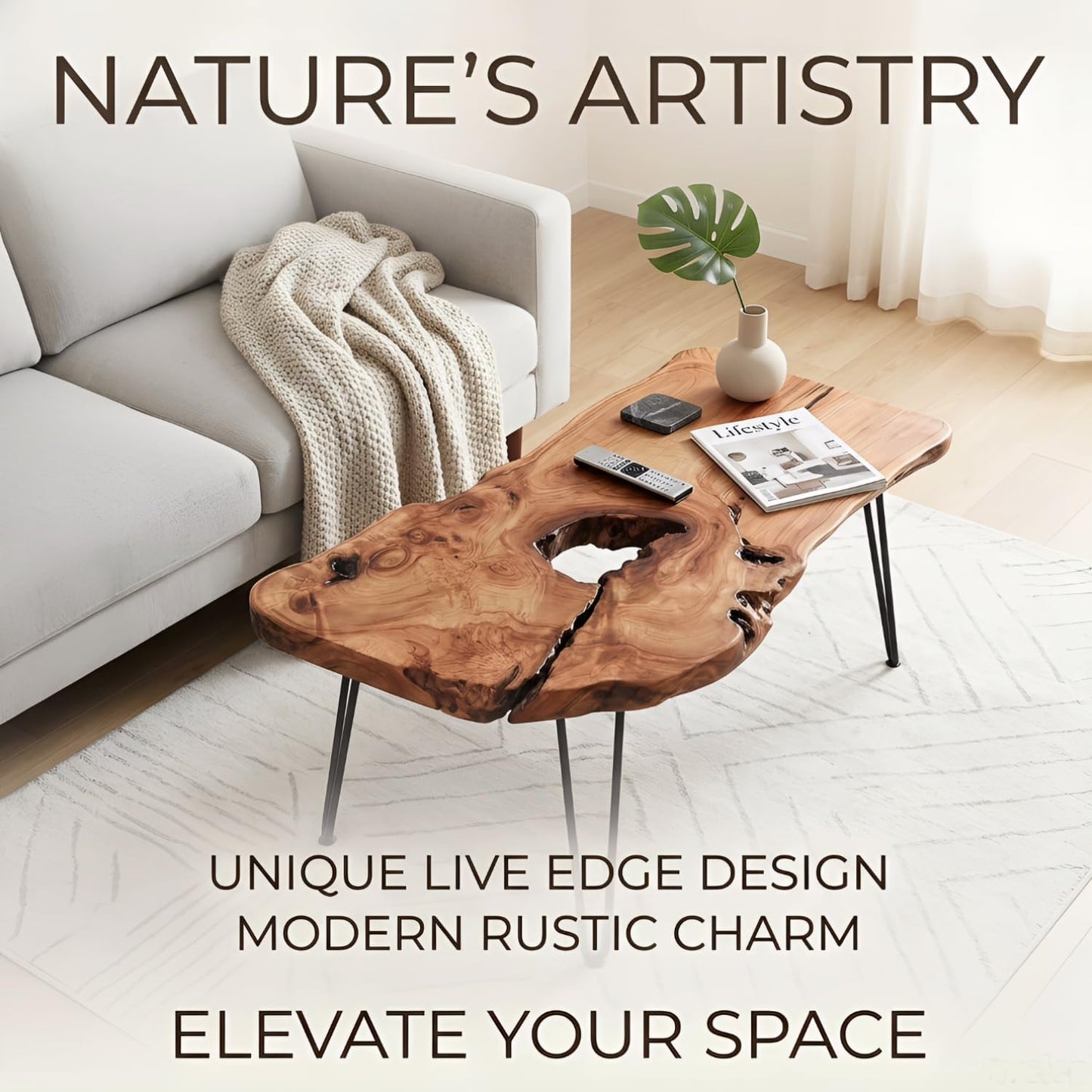 Nalvyue Natural Wood Coffee Table, Live Edge Coffee Table for Living Room, Unique Desktop