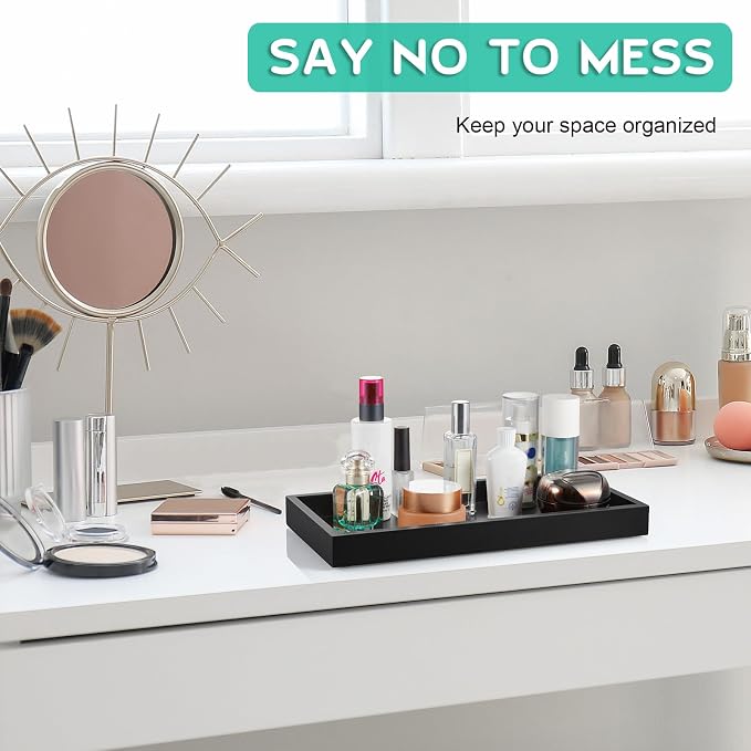 ALELION 13" Bathroom Vanity Tray for Counter - Black Wood Tray for Toilet Tank Makeup Perfume Jewelry Catchall Coffee Table - Wooden Kitchen Countertop Organizer for Soap Dispenser