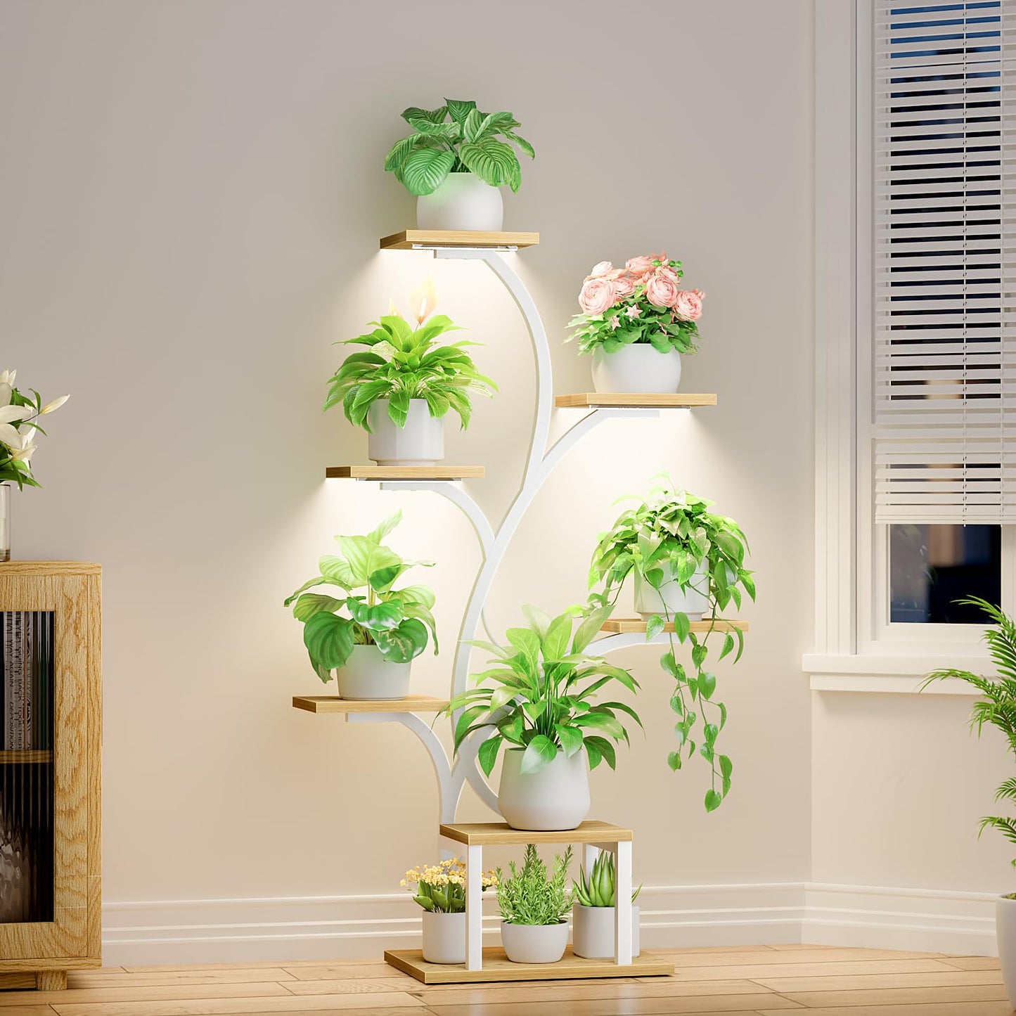BACEKOLL Plant Stand Indoor with Grow Lights, 7 Tiered Indoor Plant Shelf, 49" Corner Plant Stands for Indoor Plants, Metal Plant Flower Display Shelf, Tree-Shaped Plant Rack for Home, Patio, Natural