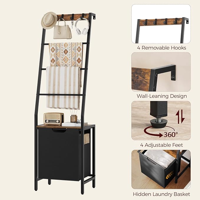 MAHANCRIS Blanket Ladder, 4-Tier Towel Rack with Pull-Out Laundry Basket & Removable Hooks, Ladder Shelf Stand, Wall-Leaning Blanket Rack for Living Room, Bedroom, Rustic Brown and Black TRHR4401