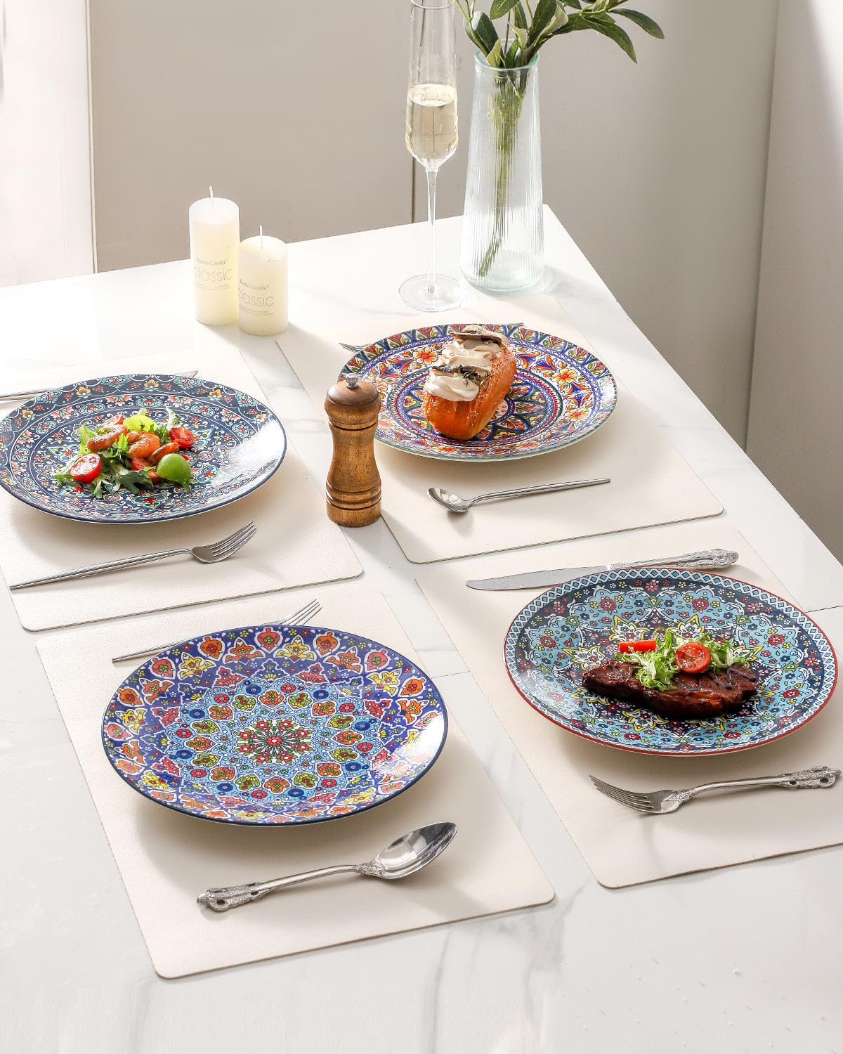 HASENSE Dinner Plate Set of 4, 10.5 Inch Porcelain Plates for Kitchen, Large Salad Plates for Steak, Dishes Set for Restaurant, Microwave, Oven & Dishwasher Safe for Christmas Gift, Bohemian