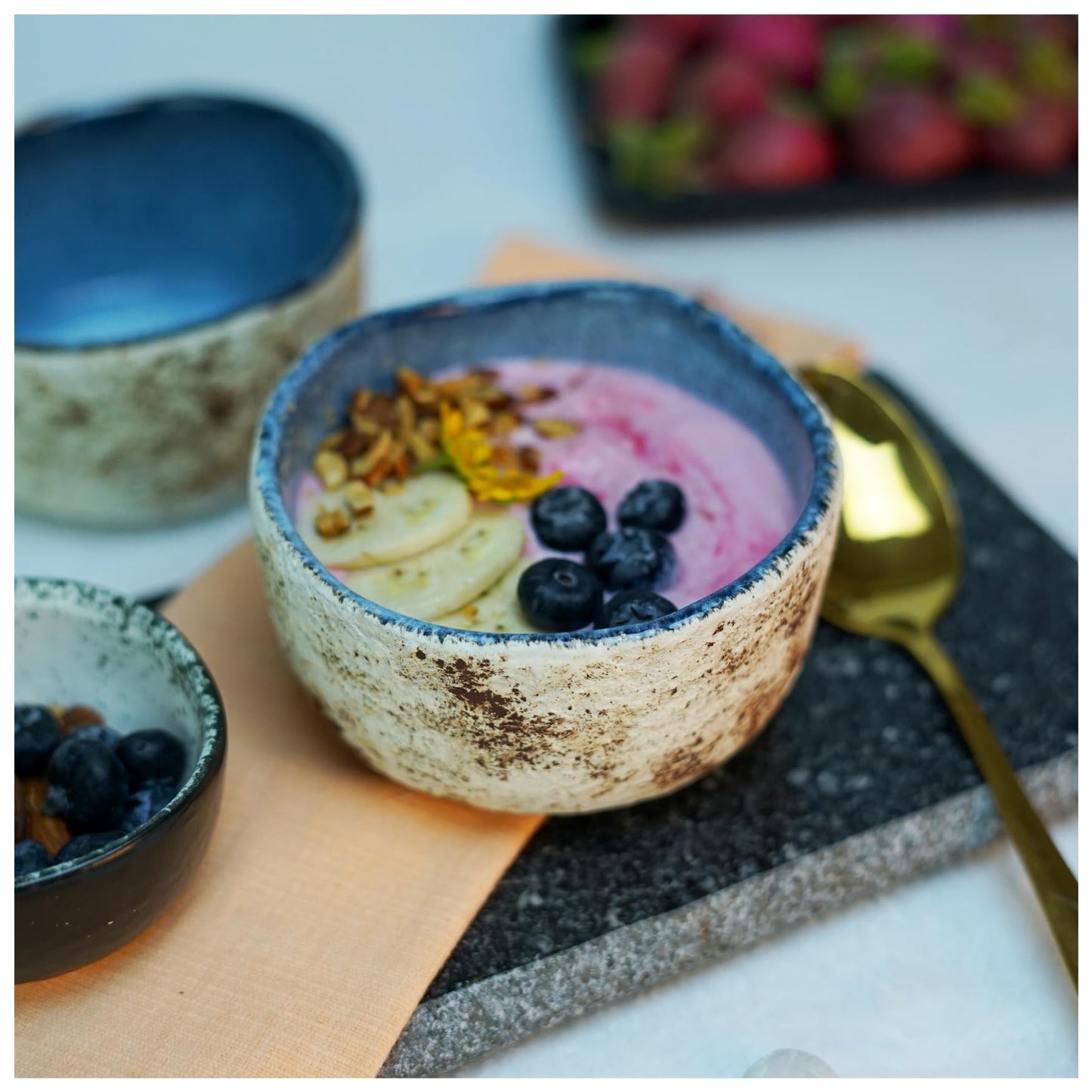 RoRo Handmade 4.5-Inch Rustic Coral Ceramic Miso Bowls – Set of 2, Hand-Glazed Blue Interior with Textured Finished, Microwave & Dishwasher Safe