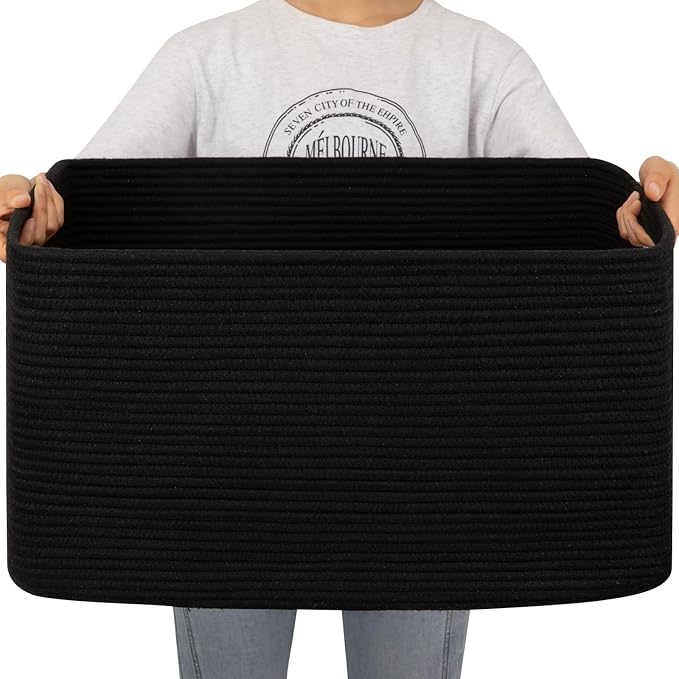 OIAHOMY 75L Large Blanket Basket, Storage Baskets with Handle, Rectangle Woven Cotton Rope Basket, Toy Organizer Bins, 22" x 17"x 12" in,Charcoal Black