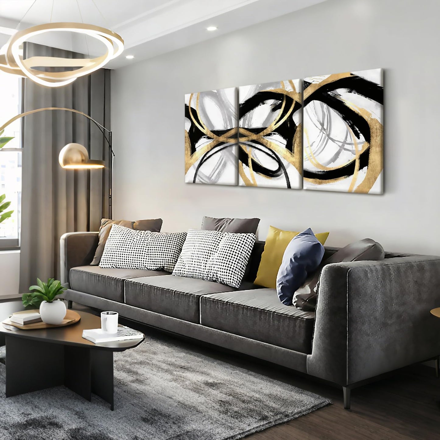 LYYGLYY 3Pcs Framed Black and Gold Canvas Wall Art for Living Room, Abstract Black and Gold Poster Print Wall Decor, Modern Minimalist Line Artwork for Office, Home, 12x16 Inches