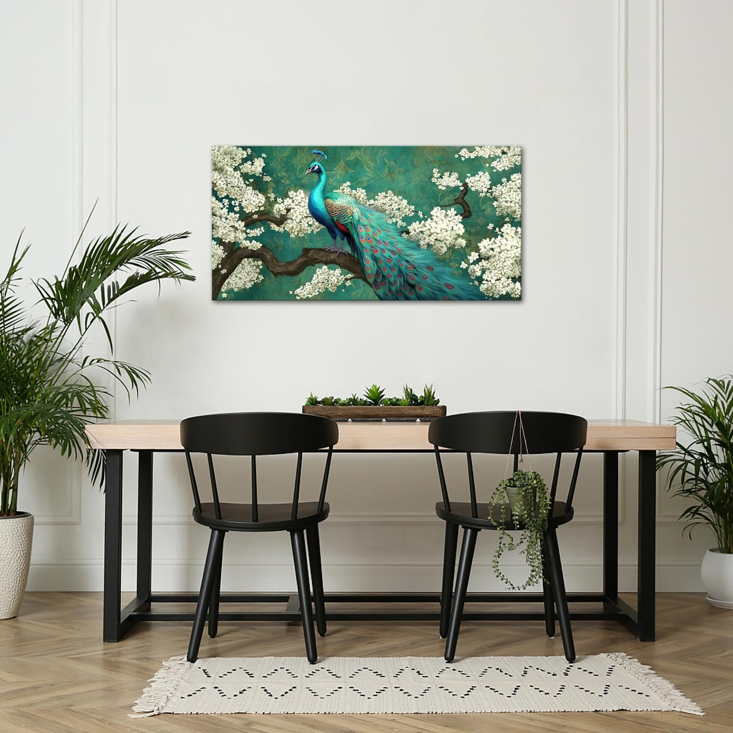 OuElegent Peacock Canvas Wall Art Green and White Flower Elegant Animal Painting Pictures Artworks for Living Room Bedroom Wall Decor Ready to Hang 24"x48"