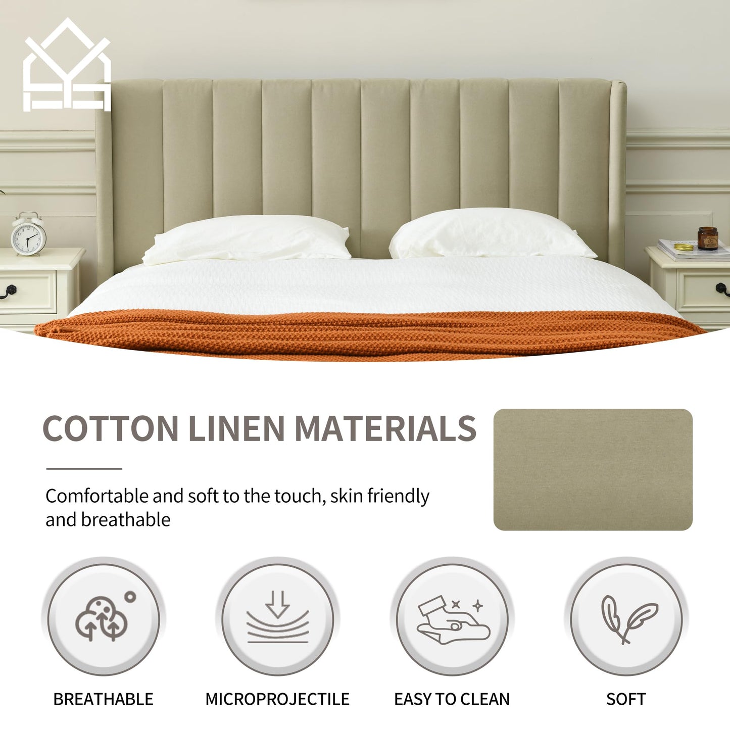 YUHUASHI upholstered Platform Bed Frame/Queen Bed Frame/Modern Geometric Double-Wing Design headboard/Linen Fabric/Easy to Assemble no Noise (Beige, Queen (U.S. Standard))