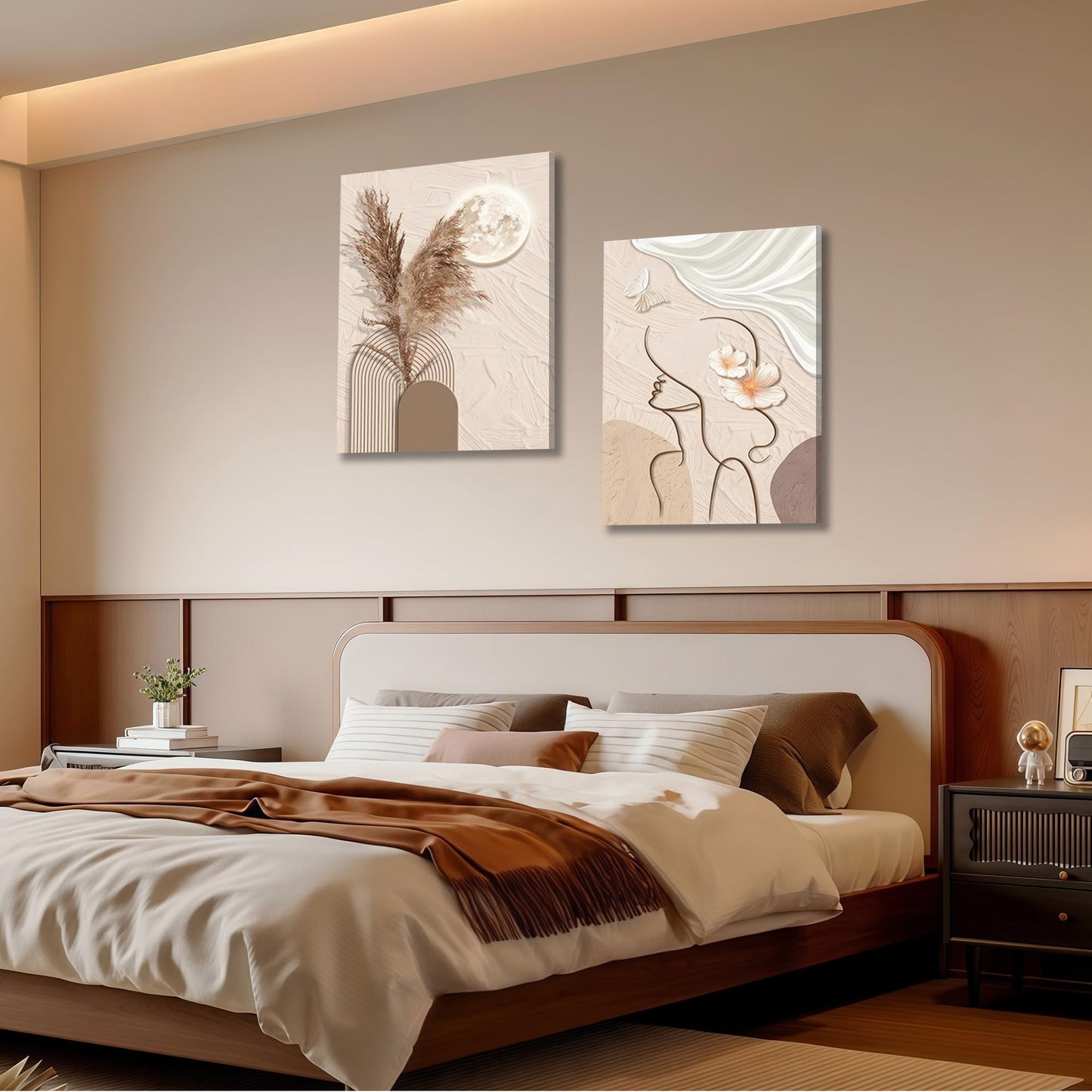 TJRRKYHY 2Pcs Modern Boho Abstract Canvas Wall Art Beige Minimalist Woman Line Art Decor Neutral Geometry Prints for Living Room Bedroom Bathroom Home Decor (12x16in canvas)