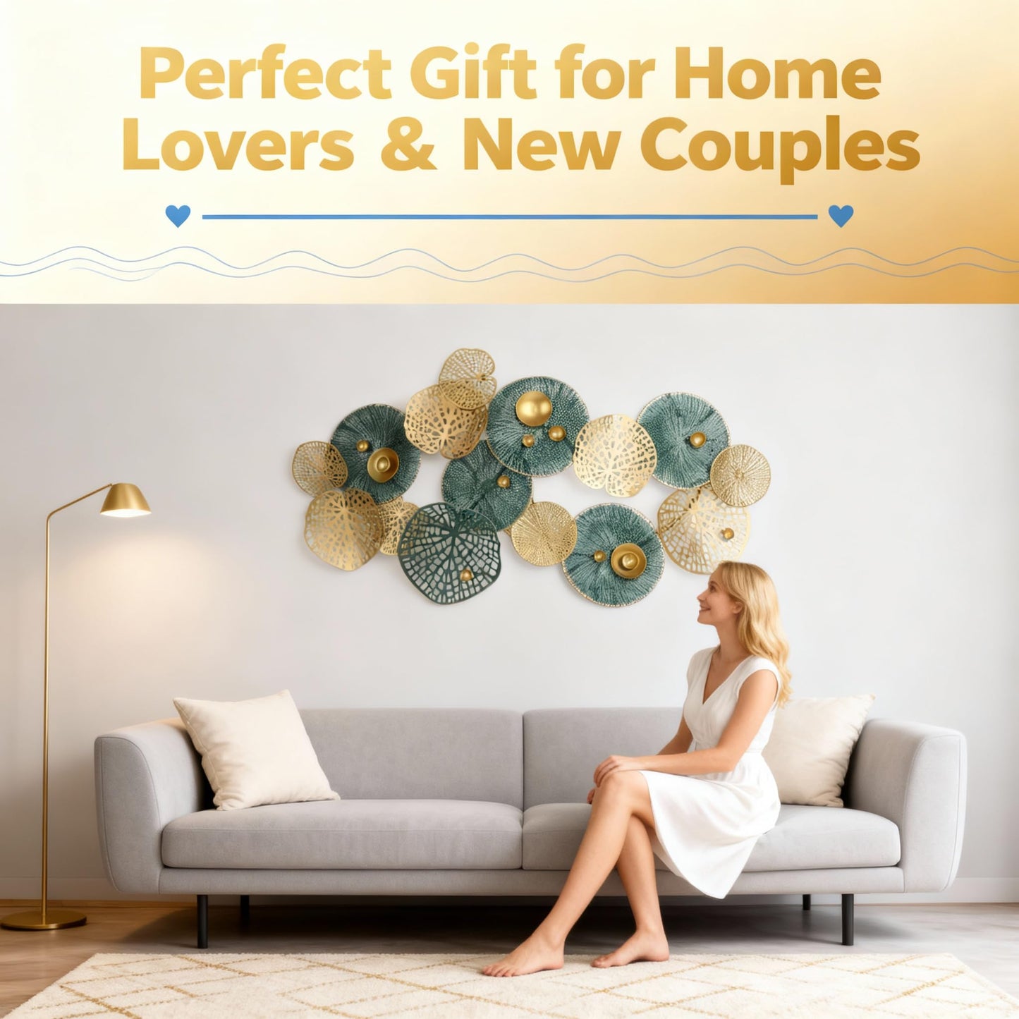 Large 3D Metal Wall Art, 50"L x 26"W Modern Blue & Gold Lotus Leaf Wall Sculpture, Luxury Coastal Home Decor for Living Room Bedroom, Elegant Gift for Housewarming Wedding Mother's Day for Homeowners