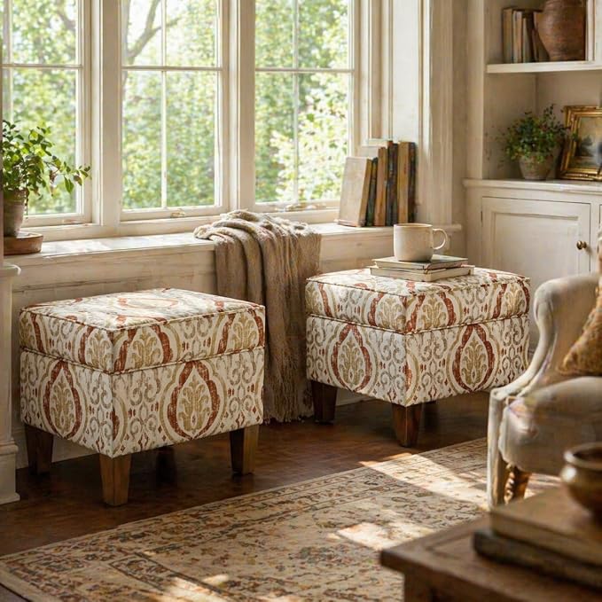 Spatial Order Square Ottoman - Burnt Orange and Cream Medallion
