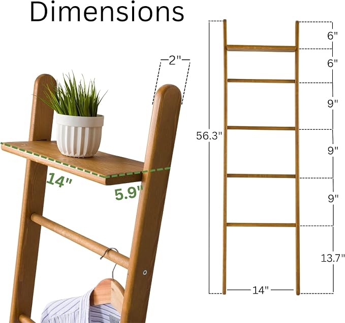 Solid Pine Wood Blanket Ladder for Living Room Bathroom Organizer Shelves, 7-Tier 5-Tier Freestanding Shelf, Freestanding Towel Rack Extra Storage, Wall-Leaning (Oak, Medium)