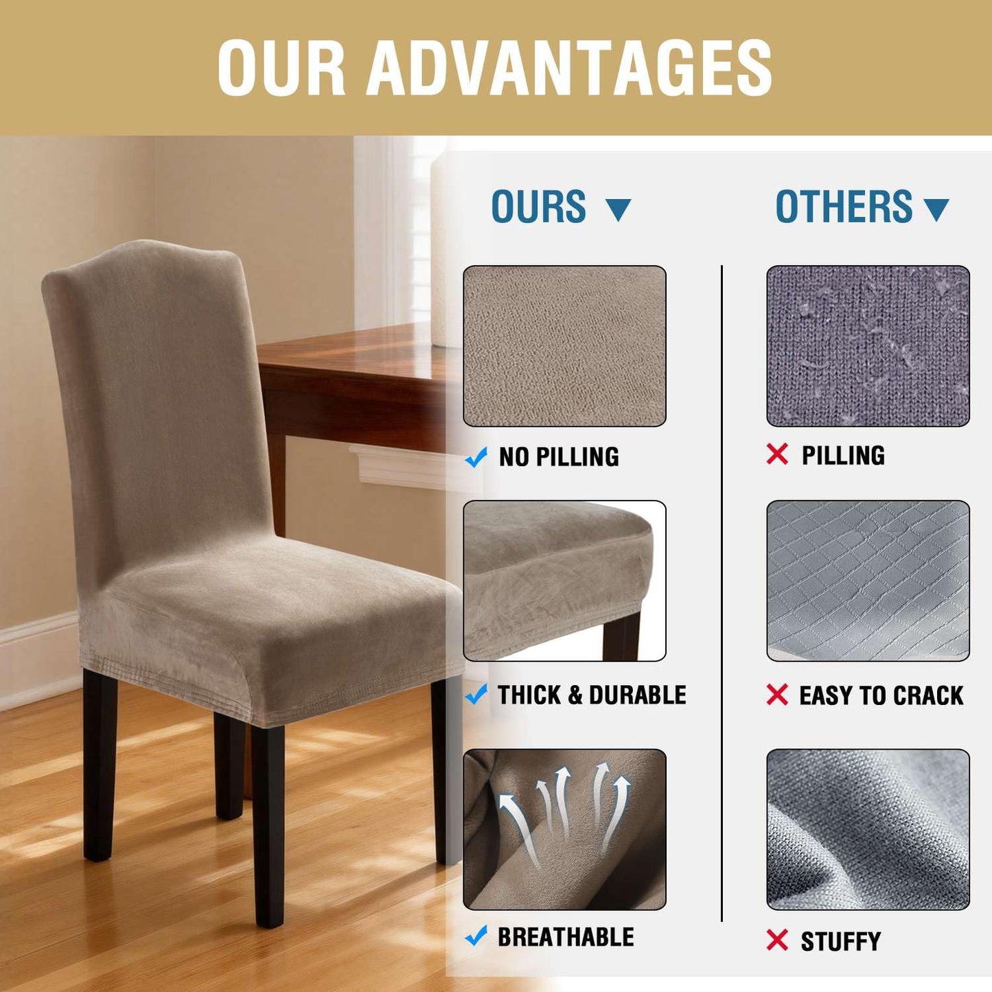 H.VERSAILTEX Dining Chair Covers Stretch for Dining Room Set of 4 Parson Chair Slipcovers Protectors, Soft Thick Solid Velvet Fabric Washable, Taupe